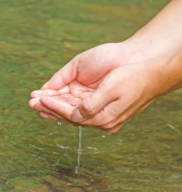 Close-up of a person's hands gently cupping water in a natural body of water, implying clean water initiatives